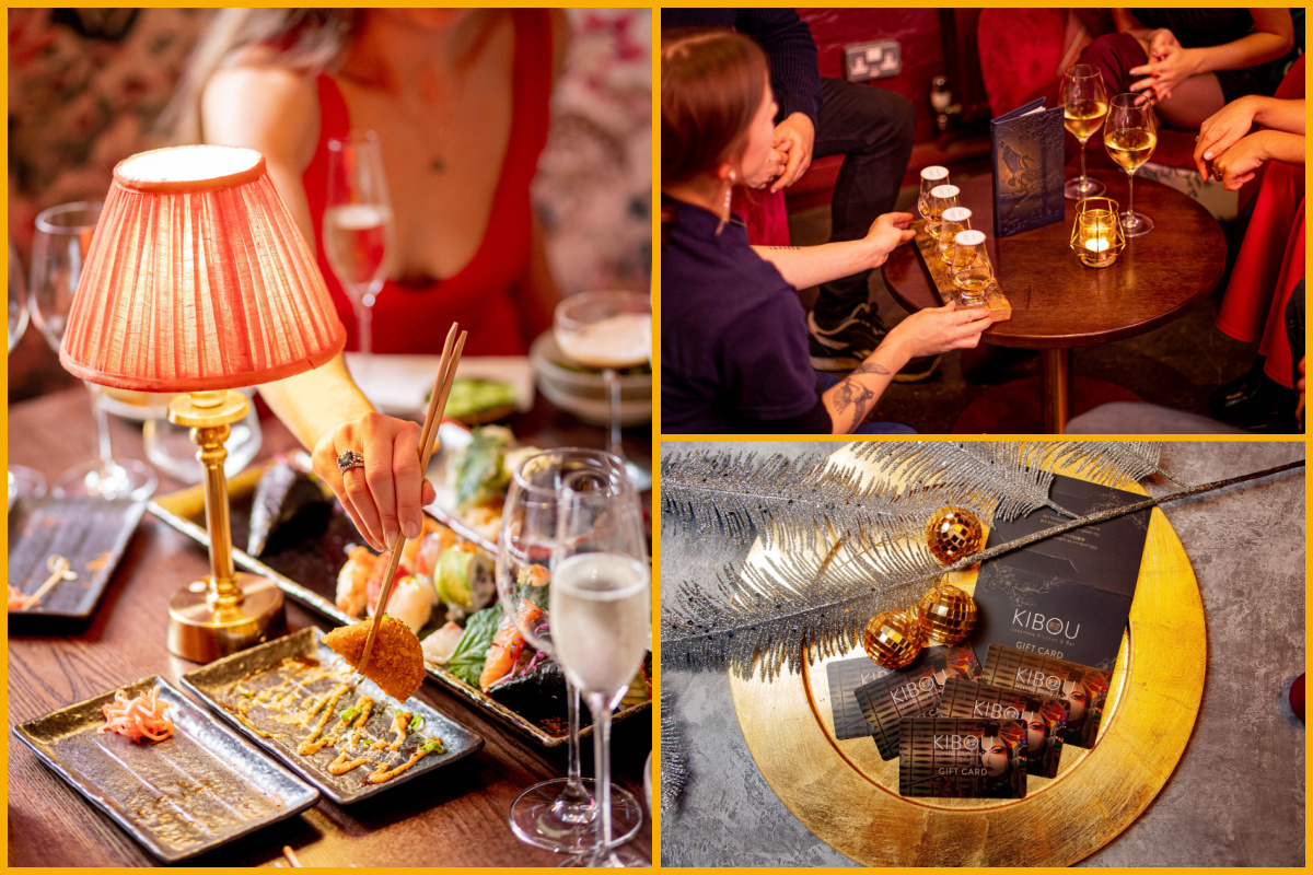 A collage of images of food and drink served at KIBOU, and KIBOU gift cards.